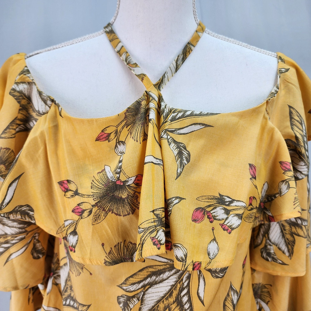 Express Women’s XS Yellow Floral Ruffle Sleeve Halter Cold Shoulder Crop Top Boh - Picture 6 of 13